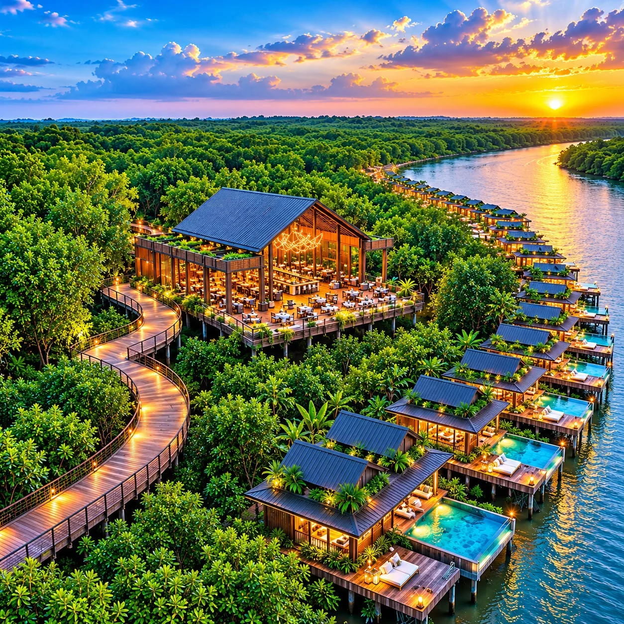 Concept rendering of mangrove eco-resort villas along the river